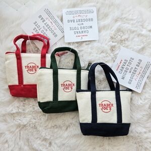 NWT "Red" "Green" and "Navy" Trader Joe's Canvas MICRO Totes w/ Grocery Bags